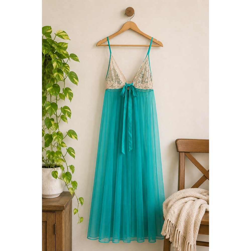 Vintage Glydons Lucie Ann Teal Chiffon Nightgown Sheer Maxi Sz L Lacy Coquette